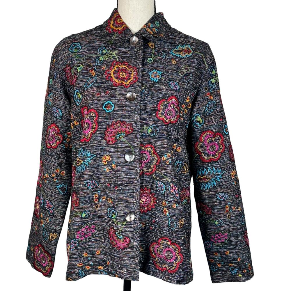 Chico’s Design SZ 1 (Medium) Jacket Tapestry Button-Up Embroidered Beaded Lined
